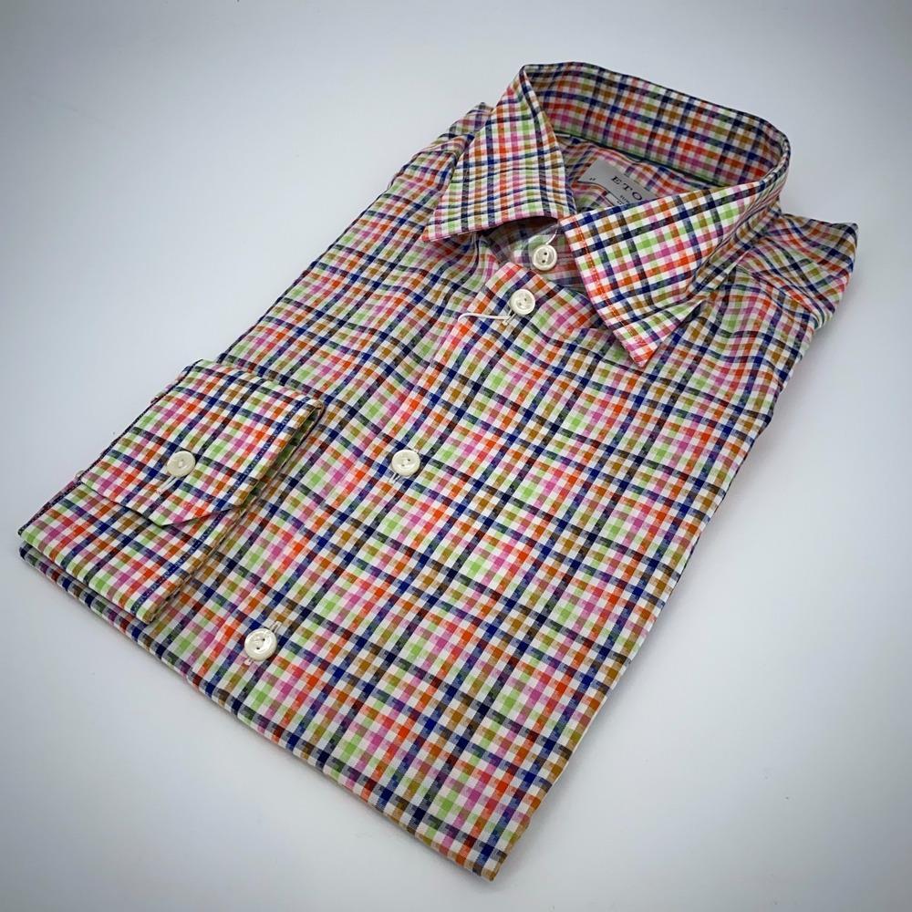 Eton Dress Shirt Mens 2XL 43‎ - 17 Colorful Plaid Fine Twill Slim Fit Button Up